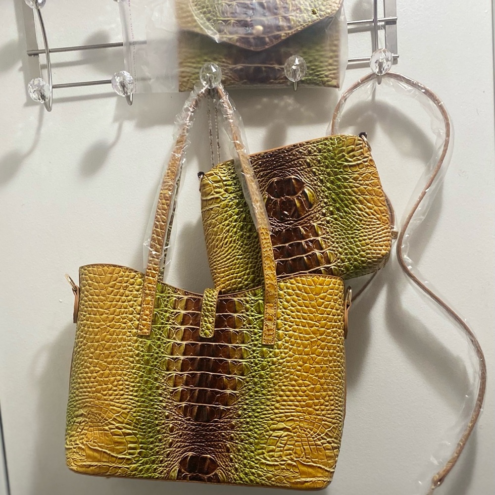 Fashion Yellow and Brown Croc-Embossed Tote and Crossbody 3 piece Set